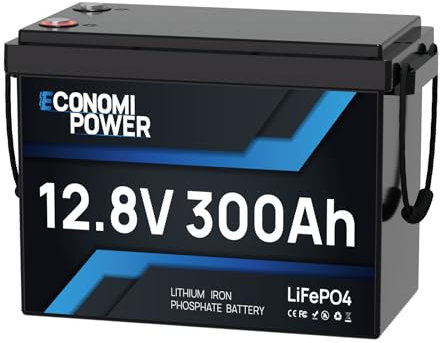 Batterie Lifepo4 300Ah 12V, EconomiPower 3840Wh batterie lithium BMS 200A, Max 15000 temps de cycle et 10 ans de durée de vie, idéal pour solaire, camping-car, d'électricité, off-grid