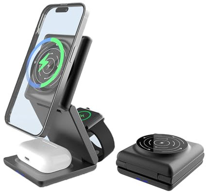 ANJAMI 3 in 1 Wireless Charging Station for iPhone, Foldable Magsafe Charger Stand for Apple Devices 15kw Fast Wireless Charger for iPhone 16/15/14/13/12 Series, Apple Watch Ultra/S3-S10, AirPods