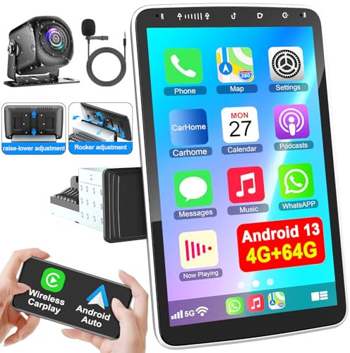 Android 13 Single Din Car Stereo 10.1 Inch Rotatable Touch Screen Radio with Wireless A-pple Carplay Android Auto, GPS Navigation WiFi FM/RDS HiFi Bluetooth Radio Head Unit +Backup Camera
