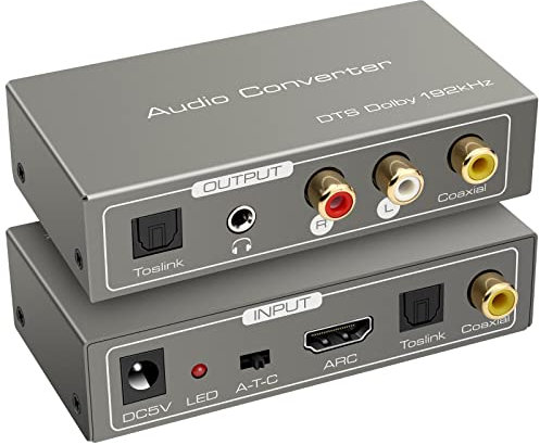 HDMI ARC Audio Converter 192KHz HDMI ARC Adapter Koaxial Optical zu SPDIF Koaxial Optical Cinch L/R Stereo Ausgang 3,5mm für Heimkinosystem, Soundbar, Lautsprecher und Verstärker