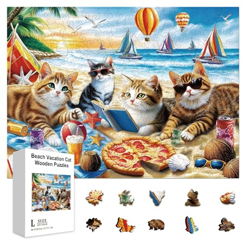 GLOBLELAND 300Pcs Beach Vacation Cat Wooden Jigsaw Puzzles for Adult 11.22x15.16inch Colorful Summer Cat Wood Puzzles for Aldult Christmas Halloween Birthday
