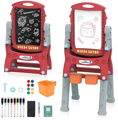 Kinder Staffelei doppelseitig 2 in 1 Kindertafel Große Magnetische Maltafel Zaubertafel, Whiteboard und Kreidetafel Schreibtafel mit Standtafel, Malzubehör, großem Ablagefach für Kinder ab 3 Jahre