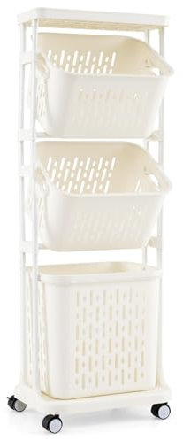 Multigot 3-Tier Laundry Basket on Wheels, Rolling Laundry Trolley Cart with 2 Small Baskets and 1 Large Basket, Freestanding Dirty Clothes Organizer Unit Slim Clothes Wash Hamper for Bathroom Bedroom