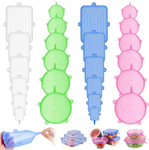 24 Pack Silicone Stretch Lids Set, 12 Round and 12 Rectangular Silicone Lids Food Covers, BPA and Expandable Bowl Covers with 6 Different Sizes, Fit Various Shape of Containers Dishes Jars Bowls