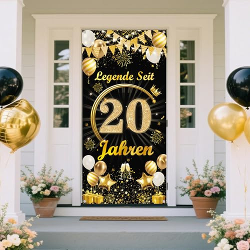 Deko 20 Geburtstag Mann Frau Banner - Schwarz Gold Legende Seit 20 Jahren Türbanner 165 x 80 cm, Stoff Hintergrund Tür Dekoration für 20. Geburtstagsfeier Dekoration