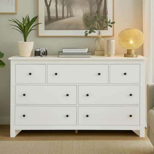 Kommode mit 7 Schubladen, Sideboard Holz, Verstellbarem Mittelfuß, Kommoden, Viel Stauraum, Komodenschrank, Wohnzimmerschrank, Sideboard für Schlafzimmer, Wohnzimmer, Küche, 152x40x89 cm (Weiß)