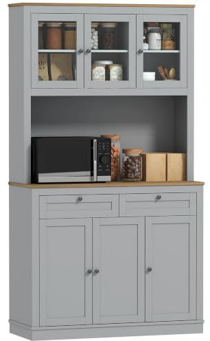 HOMCOM Alacena de Cocina 3 Puertas de Vidrio 2 Cajones 100x40x180 cm Gris | Mueble Auxiliar de Cocina, Encimera Abierta para Microondas, Estantes Ajustables, Alacena Alta Comedor