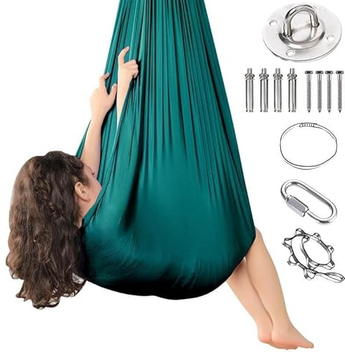 Ultraleichte Hängematte für drinnen und draußen, Tragkraft 200 kg, atmungsaktives Nylon | Inklusive 2 Verlängerungsgurten, 1 hochwertigem Karabiner, 1 Befestigungsplatte, 8 Schrauben(Dunkelgrün)