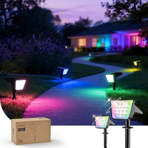 Philips Lot de 2 Spots Solaires RGBW Extérieurs, 18 LED Éclairage Paysager Solaire, 9 Modes d'Éclairage Changeant de Couleur du Crépuscule à l'Aube Étanches pour Jardin Arbres Halloween Noël