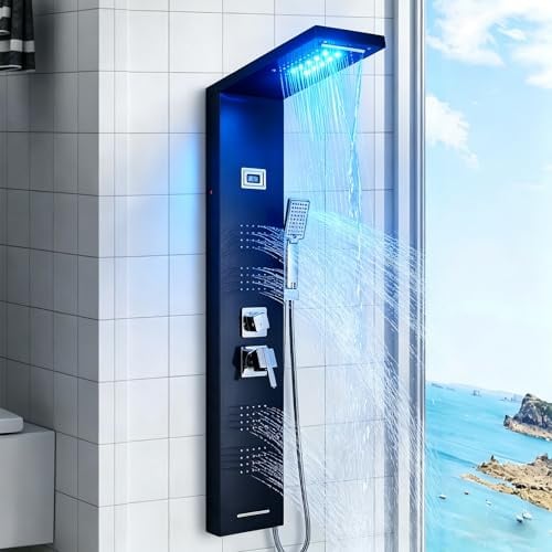 Duschpaneel mit Armatur Schwarz LED Edelstahl 5 Funktionen Regenschauer Handbrause Wannenauslauf Massagedüsen mit LCD Temperaturanzeige