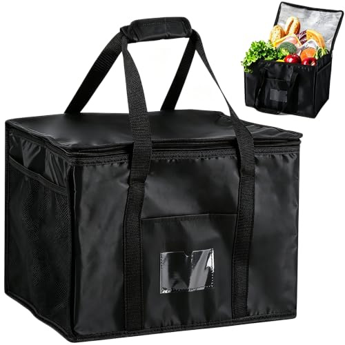 Wesoke 40L Isolierte Wiederverwendbare Einkaufstaschen, Schwarze Kühltasche für Lebensmittellieferungen, Thermobeutel für kaltes Heißes, Speisenwärmer-Einkaufstasche mit Reißverschluss für Camping