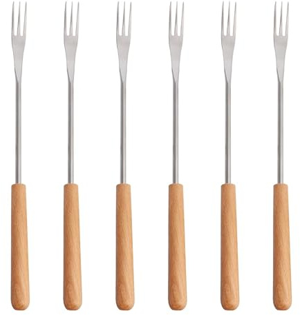 HOODANCOS Lot De 6 Fourchettes À Fondue En Acier Inoxydable Avec Manche En Bois Fourchettes À Dessert Et À Fruits Pour Barbecue Camping Pique- Et Cuisine