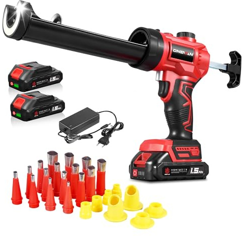ONEVAN Pistolet à Cartouche sans Fil 300ml Brushless 24 Buses 2x1,5Ah | 300ml Capacité, 300kg Poussée, Vitesse variable, Chargeur rapide, Éclairage LED, Pour étanchéité de fenêtres et joints