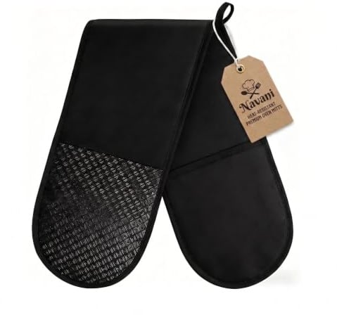 Navani Double Oven Gloves, 250°C Heat Resistant BBQ Mittens with Non-Slip Silicone Grip, 84 x 18cm Extra Long Cotton Oven Mitts for Outdoot or indoor Cooking, Baking & Grilling, Machine Washable