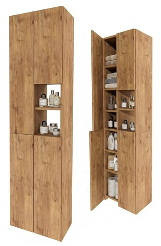 CraftPAK Badschrank Hochschrank schmal stehend | Badezimmer Regal mit Stauraum | platzsparender Badezimmerschrank | Standregal Bad