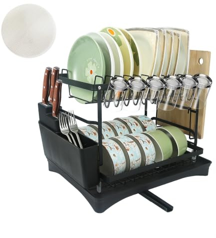 ZEXTEK Escurridor de Platos para Encimera de Cocina con Drenaje Automática,Estante de Escurreplatos Cocina sobre Fregadero, Escurre Platos Armarios,de Acero Carbono Inoxidable para 3 a 5 Personas