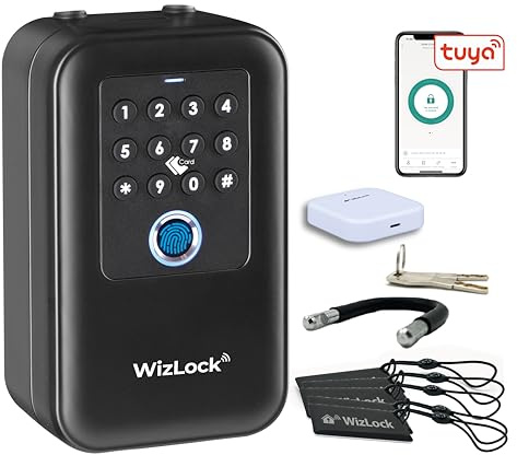WizElek Schlüsseltresor mit Zahlencode, Fingerabdruck & Gateway, außen | Schlüsselkasten – Gateway & 4×AA Batterien inkl. – Türstatussensor – 5 RFID-Badges – IP66 – Bügel ohne Bohren