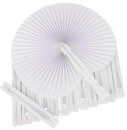 KEYIDO 60 Pcs Paper Fans Handheld Wedding Fans for Guests Round White Hand Folding Fan Paper for Women Ladies Plastic Handles for Summer Wedding Birthday Party Favour Bag Fillers