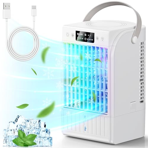 Condizionatore portatile, modalità atomizzazione, mini ventilatore a 4 velocità, ventola di raffreddamento programmabile,lanterne RGB, adatto per camere e uffici - bianco puro