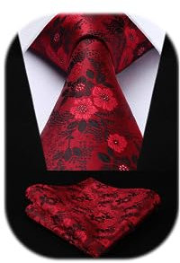 HISDERN Krawatte für Herren Rot Extra Lange Florale Krawatten und Einstecktuch Set Elegante Klassisch Hochzeit Seidenkrawatte Taschentuch