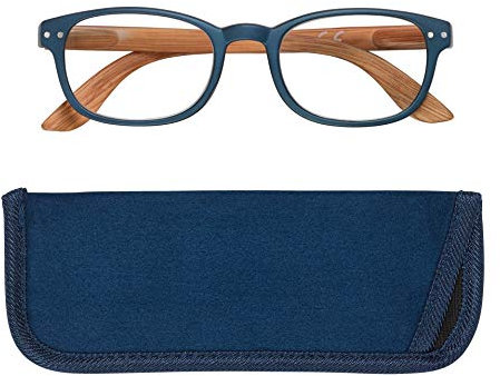 Manicare Reading Glasses For Men And Women, Comfortable Lightweight With Strong Comfort Flex Hinges, Anti-Glare Lenses, Blue Metal Effect Frames With Wood Print Arms With Glasses Pouch, +3 Strength