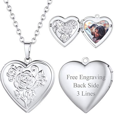 FOCALOOK Pendentif Porte Photo Femme Plaqué Or Blanc Collier Médaillon Coeur Photo Personnalisé Chaîne 2,5mm/50+5cm Bijoux Cadeau Anniversaire Noël Fête des Mère