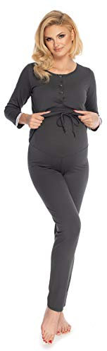 Selente Mummy Love Pigiama Allattamento con Dolci Dettagli a Contrasto. Made in EU. (S-M, Grigio Scuro)