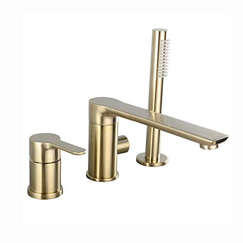 GLYYR Wannenarmatur Gebürstetes Gold Badewannenarmatur mit Handbrause, Messing Wannenbatterie Einhebel 3 Löcher Badewanne Wasserhahn Deck Montiert Wannenmischer für Badezimmer
