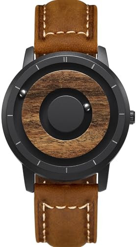 EUTOUR Montre Homme en Bois Magnétique Pas de Verre Roulement à Billes Quartz Montres Bracelet pour Homme avec Bracelet en Cuir Marron Foncé