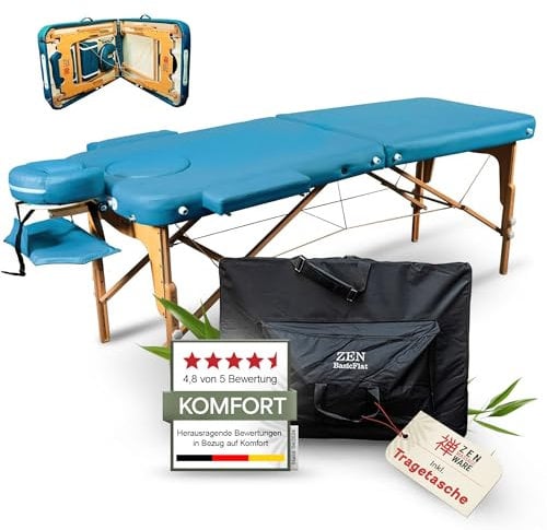 ZEN BASIC III Massageliege klappbar & mobile Massagetisch aus Holz, stabile Massagebett - Massagebank höhenverstelbar, Tattoo & Kosmetikliege, Behandlungsliege mit Kopfteil, Armstütze & Tasche, Türkis