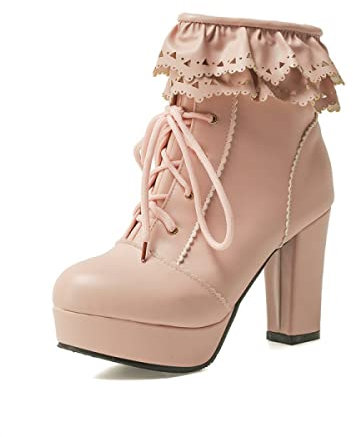 Eogrokerr Steampunk, stivali stile gotico vintage, in pelle, con tacco Louis, con lacci, lunghezza polpaccio, stivali vittoriani, per donne e donne, rosa, 38 EU