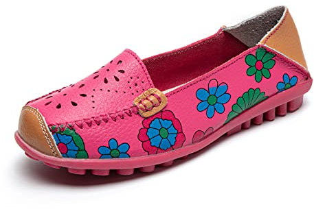 MACHSWON Frauen Flats Leder Bootsschuhe Atmungsaktiv Casual Bequem Fahren Weiche Schuhe, Hollow Out Rose Red, 38.5 EU