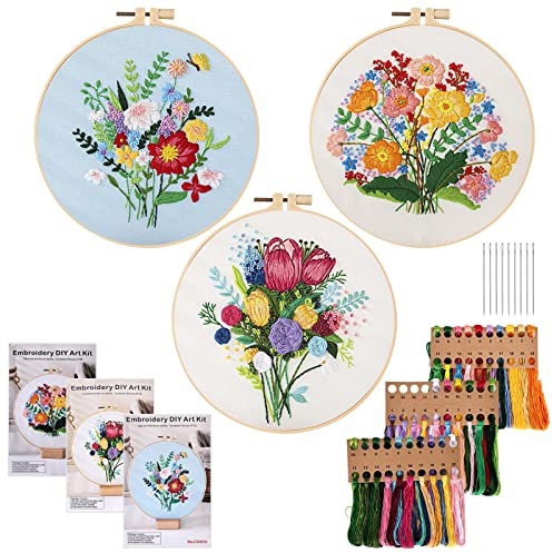 Stickerei Starter Kit - Anfänger Set Mit Blumenmuster Pflanzen Kreuzstich, 3 Stück Tool Kit Mit Muster Und Anleitung Für DIY Kunst Handwerk Nähen