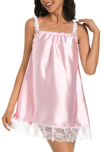 Satini Satin Nachthemd Babydoll Rüschen Spitze Rosen | Elastisch an Brust & Trägern, Satinrosen an Trägern & Saum, Nachtwäsche, Größen S-XXL