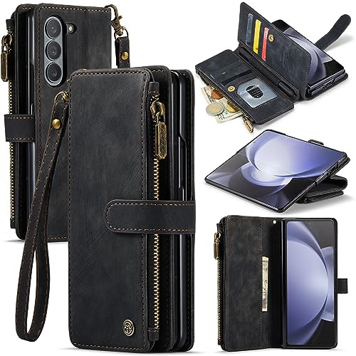 UEEBAI Wallet Case for Samsung Galaxy Z Fold 5 5G, Premium Handmade PU Leather Phone Case Card Slots Magnetic Closure Zipper Pocket Kickstand Flip Case with Hand Strap - Black