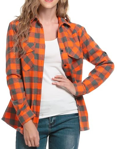 Timuspo Trachtenbluse Damen Karrierte Bluse Langarm Karo Flanell Hemden Button-down Hemdbluse für Alltag und Oktoberfest Orange/XL
