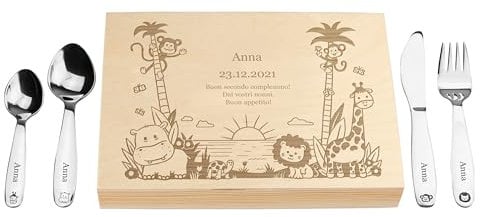 LAUBLUST Posate per bambini con incisione del nome e scatola regalo in legno personalizzata - Regalo personalizzato per ragazzi e ragazze | 4 pezzi - Posate in acciaio inox (Giungla)