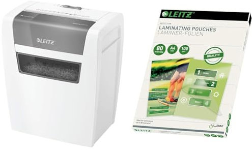 Leitz IQ Home Partikelschnitt Aktenvernichter P4, 7-6 Blatt & Heißlaminierfolien A4 80 mic, Hochwertige Laminierfolien im 100er Pack