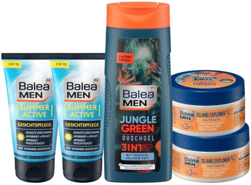 Balea MEN 5er-Set Haut- und Haarpflege: Duschgel JUNGLE GREEN 3in1 für Körper Gesicht & Haar (300 ml) + Gesichtscreme SUMMER ACTIVE, LSF 15 (2 x 75 ml) + Mattpaste ISLAND EXPLORER (2 x 100 ml), 650 ml