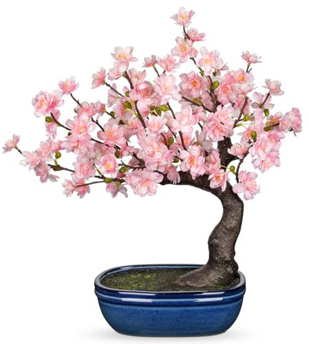Briful Bonsai artificiale da 51 cm, fiori di ciliegio in seta in vaso di ceramica, 51 cm, fiori artificiali rosa per decorazione soggiorno mensola
