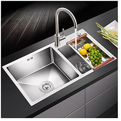 Lavello da Cucina Lavello da cucina in stile rustico for cucina di lusso, lavello a doppia vasca in acciaio inossidabile con rubinetto, colino e filtro (29,5 x 16 x 8 pollici) Lavandino Autoportante(S