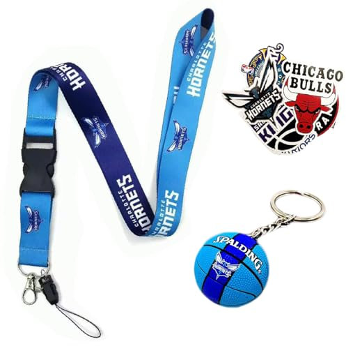 SKATE NBA Basketball Schlüsselanhänger Paar Lanyard Lanyard und passender Mini-Basketball NBA Teams Lakers Bulls Kings raptors + 10 zufällige NBA-Aufkleber in Geschenkbox, Paar Hornets E Stick, One