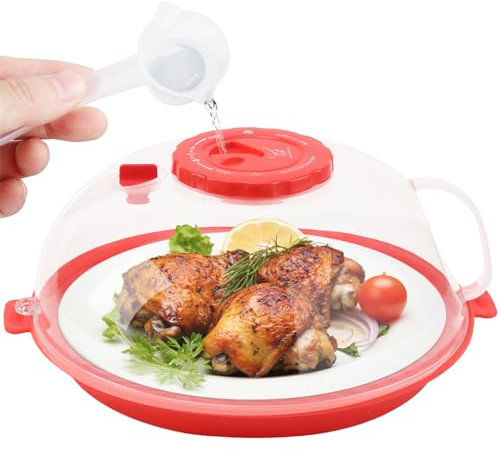 Microwave Splatter Cover Lid for Food 10.2 Inch with Water Steamer, Clear Microwave Splash Guard Cooker Lid with Plate, Dish Bowl Plate Serving Cover Cookware High Transparent Plastic Red