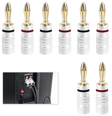 8 Pcs Waterproof Banana Plugs 4mm, Banana Plugs Insulated, Gold Plated Speaker Connectors with Refined Copper & Secure Screw Connection for High Fidelity Sound Systems, Fit for AV Amps Receivers
