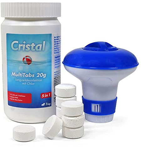 Cristal Pool Chlor 5 in 1 MultiTabs 1 kg - Langzeitdesinfektion Algenvernichtung Trübungsentfernung Chlorstabilisierung Härtestabilisator Dosierschwimmer