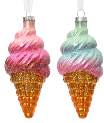 Christbaumschmuck Eiswaffel 12cm Glas Figur zum Aufhängen - 1 Stück sortiert - mit Glitzer - Weihnachtsbaum Anhänger für Weihnachten - Christbaumanhänger & Weihnachtsbaumschmuck - Eistüte Eis Waffel