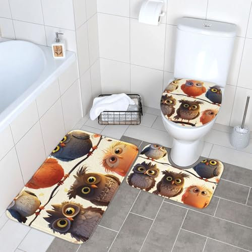 VTCTOASY Badezimmerteppich-Set, 3-teilig, Eulen, Vögel, Badezimmerteppich, rutschfest, Badteppiche für Badezimmer, Heimdekoration, Badematten-Set, waschbar, Duschteppich für Schlafzimmer, Küche