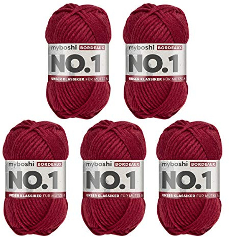myboshi No.1 Wolle zum Häkeln und Stricken, Schnellstrickgarn, langlebige Mützenwolle, Strickwolle, Häkelwolle, mulesing-frei, 50g, Ll 55m Rot (Bordeaux) 5 Knäuel