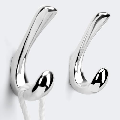 Metaliby 2 Pack Towel Hooks for Bathrooms Wall Mounted, Polished Chrome Bathroom Hooks for Towels, Robe & Towel Hook for Wall, Modern Wall Hook Bath Towel Hook