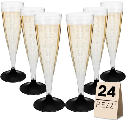 MA MAISON Flute da Champagne 100 ml Eleganti Calici in Plastica Riutilizzabili, Resistenti, Trasparenti, Riciclabili - Flute per Feste Calici di Vino- Bicchieri Lavabili Colorati (Base Nera - 24 Pz)